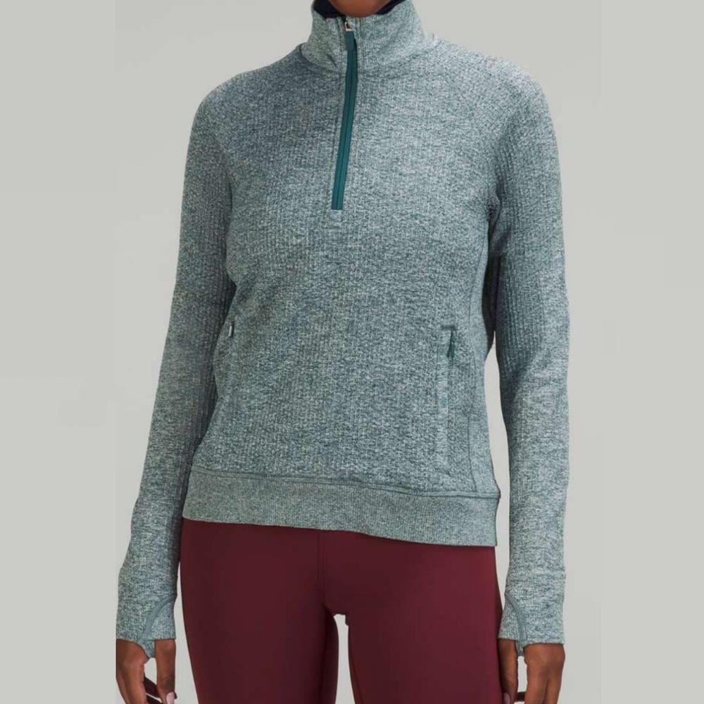 Lululemon Engineered Warmth Half Zip Green‎ Jasper Size 14 Running Merino Wool